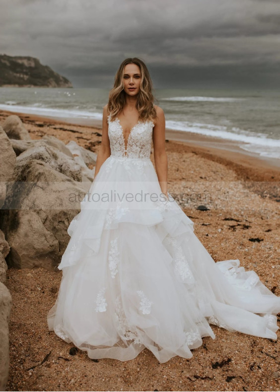 Plunging Neck Ivory Lace Tulle Ruffled Wedding Dress